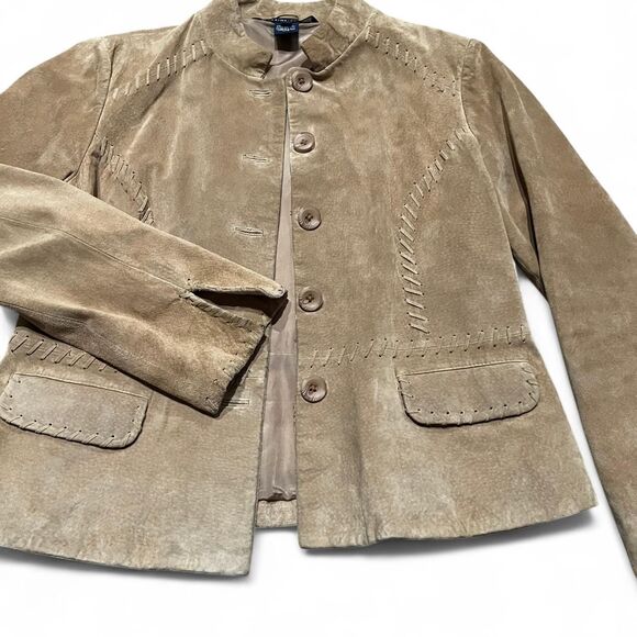 Vintage 90’s/00’s Tan Suede Button-up Jacket W/ Flattering, & Adorable Stitching - Picture 2 of 8